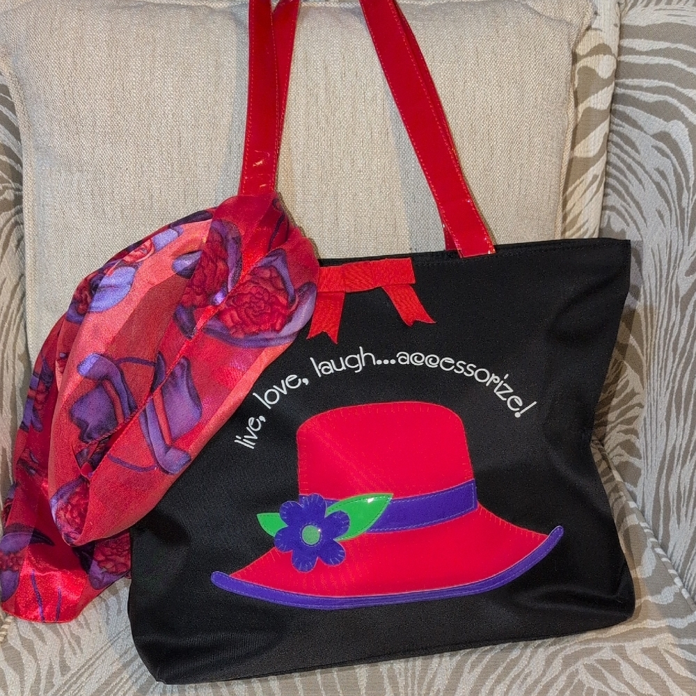 The Red Hat Society Black Tote Bag with A Matching Scarf! 2 Items